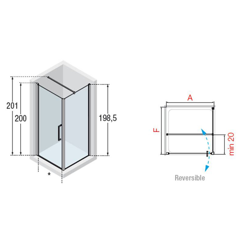 Young Pivot Semi-Frameless Shower Door with Clear Glass, 2000 mm x 610 mm