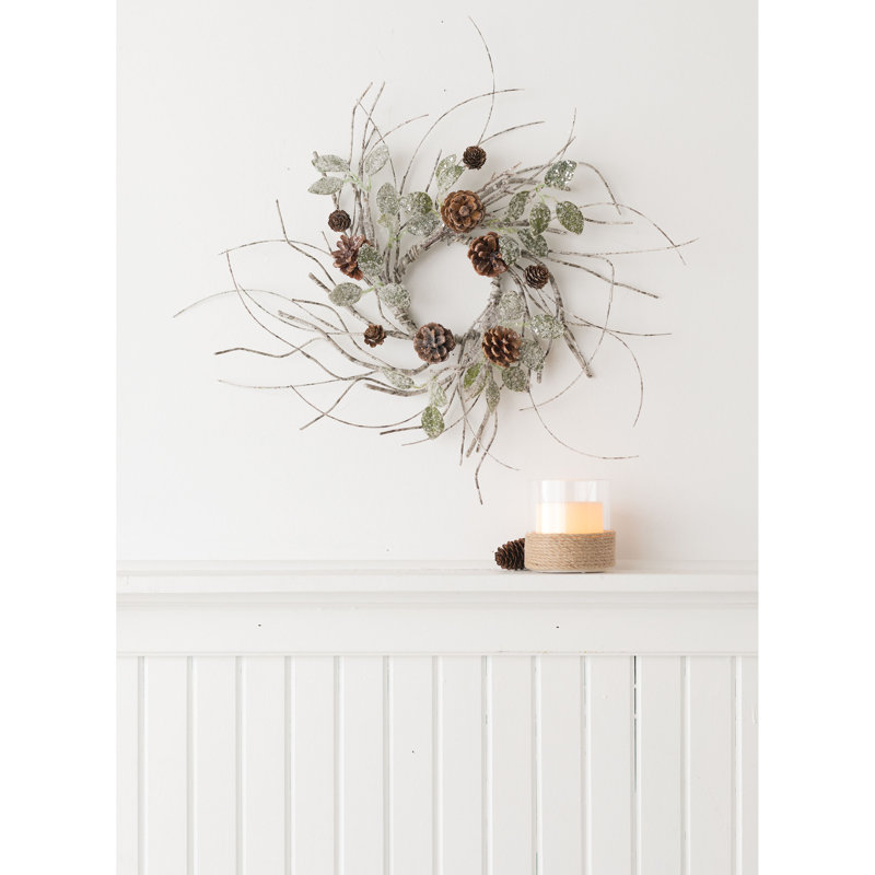 Artificial Birch Leaf & Pinecone Wreath, 21" H x 21" W x 4" D