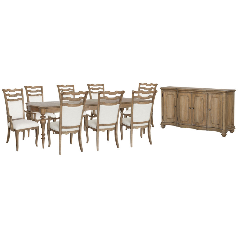 Jacquenette Leg Dining Table With 8 Arm Chairs And Buffet, 10 Pcs: Table, 8 Chairs, Buffet