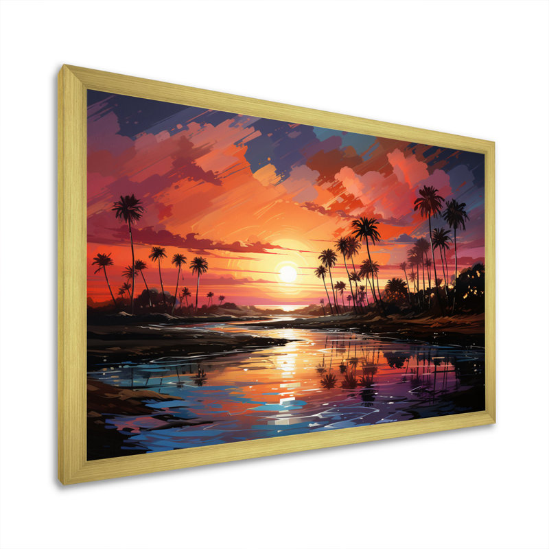«Palm Trees Abstract Landscape III», reproduction sur toile, H 16 po x l 32 po x P 1 po, Encadrement doré