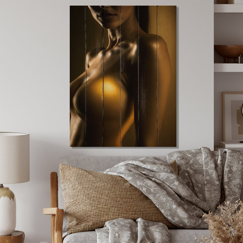Portrait doré rétro - impression sensuelle de femme sur bois de pin naturel, H 20 po x l 10 po x P 0,78 po