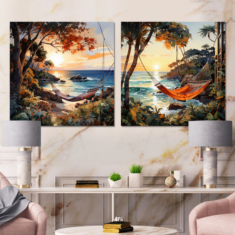 Coucher de soleil hamac au bord de la plage I - ensemble de 2 décorations tropicales côtières, Toile tendue