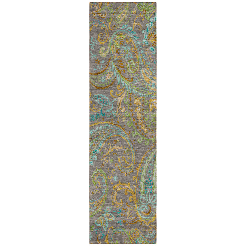 8' Runner Taupe Paisley Washable Non Skid Indoor Outdoor Runner Rug
