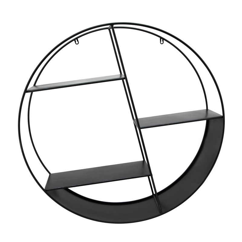 Modern Metal Wall Shelf with Round Geometric Frame and Tiered Open Storage, Black
