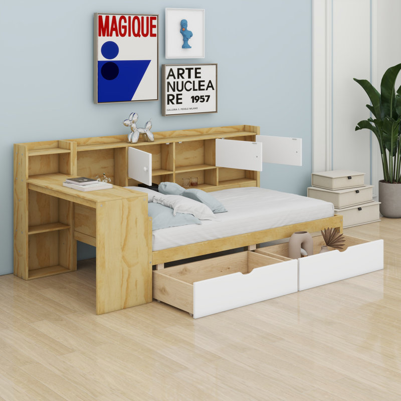Lit de jour en L en bois avec armoires de rangement et tiroirs de rangement, lit multifonctionnel avec bureau d'étude