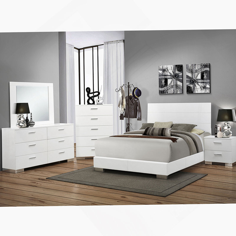 Ensemble de chambre avec grand lit 5 pièces blanc brillant