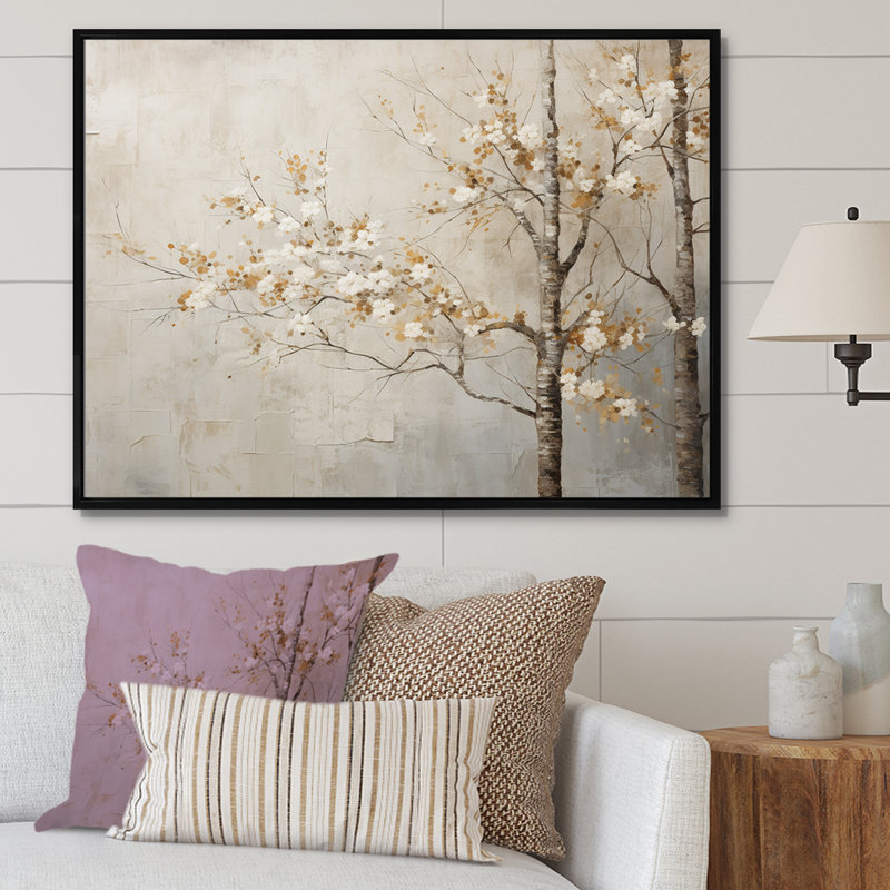 Harmonisation des arbres beiges III sur toile, Cadre flottant noir, H 34 po x l 44 po x P 1,5 po