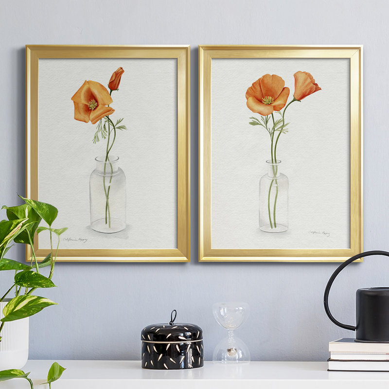 «California Poppy Vase I», reproduction encadrée de qualité supérieure - prête à être accrochée, Cadre doré