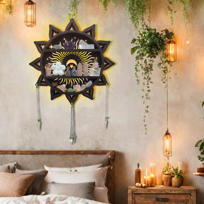 Chakra Lotus Flower Crystal Display Shelf With LED Light - Boho Wall Mounted Wooden Shelf For Crystals, Stones, Trinkets, Witchy Home Decor, Sun Moon Design