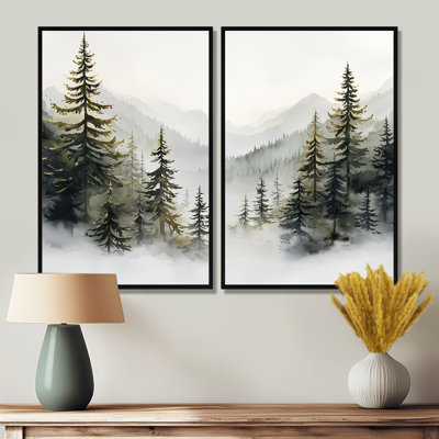 Green Pine Trees Mist Morning III - Tree Pine, grandes impressions sur toile, 2 pièces