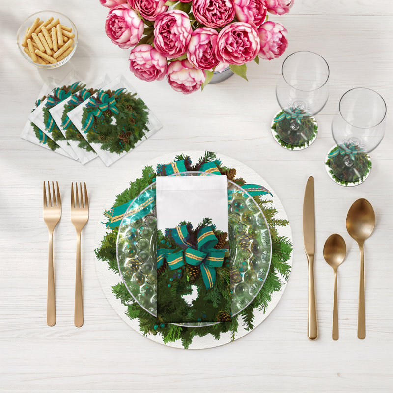 Christmas Wreath Vegan Leather Round Pebble Placemat, White Verdigris