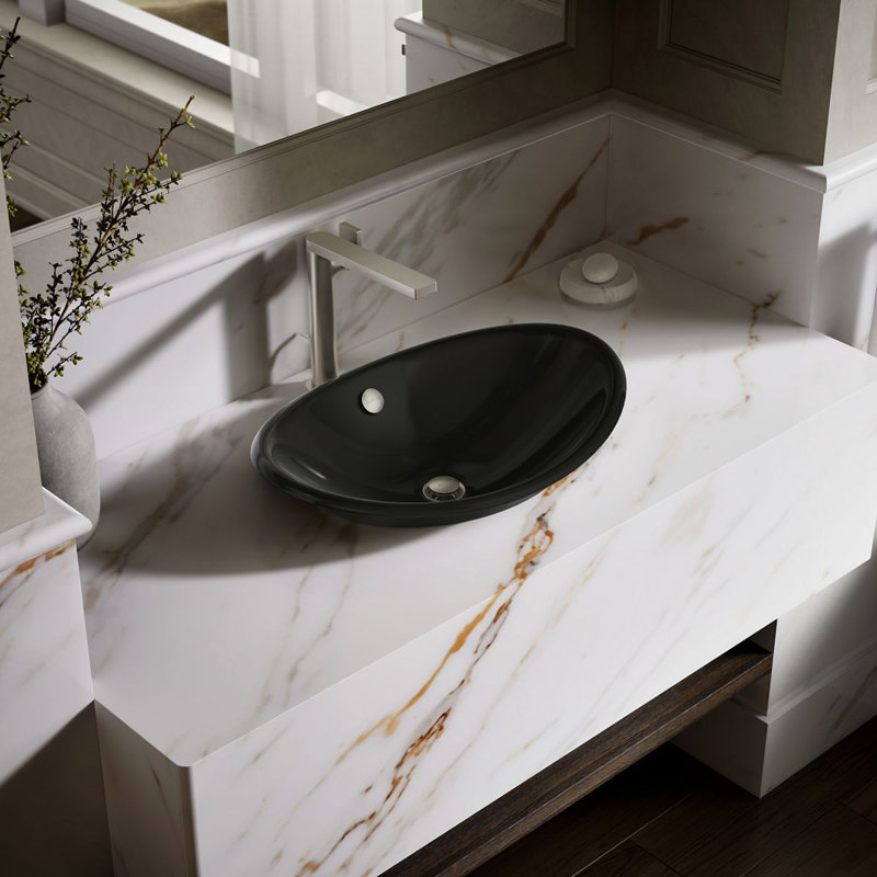 Iron Plains Metal Oval Vessel Bathroom Sink with Overflow, Black Black