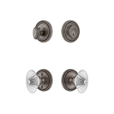 Grandeur Soleil Rosette Entry Set with Burgundy Crystal Knob in Antique Pewter