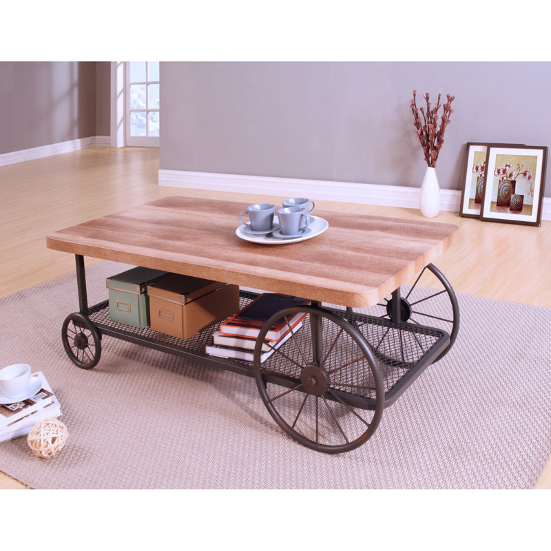 Table basse rectangulaire en métal et bois - fini chêne gris avec roulettes