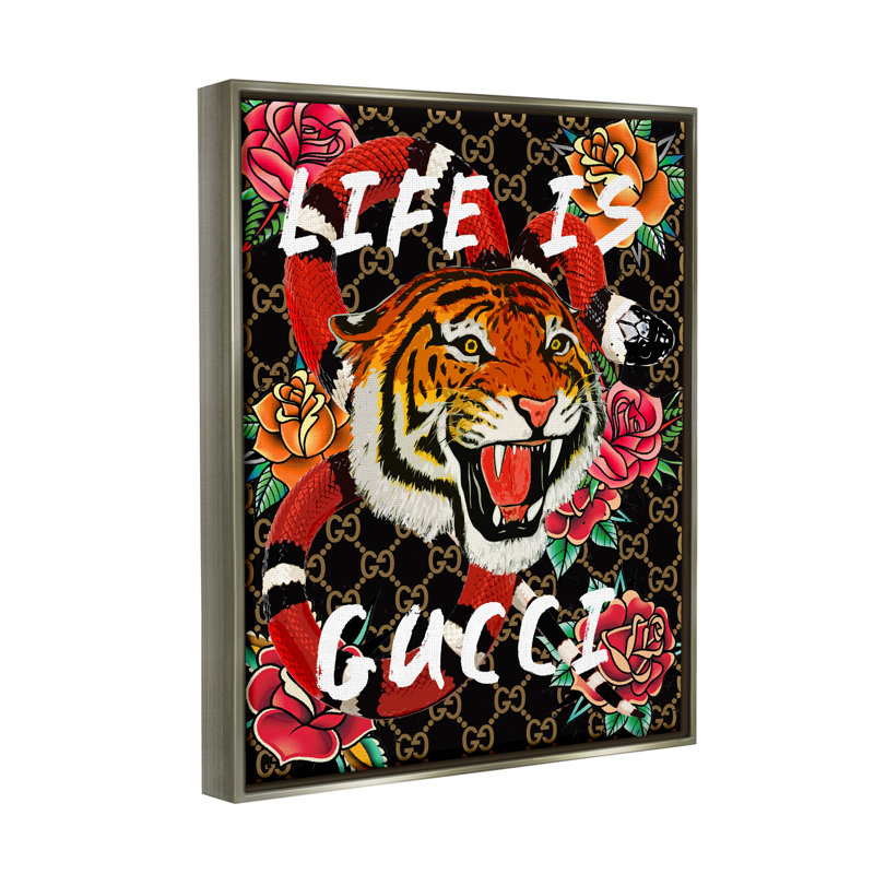 «Red Barrel Studio® Tiger & Roses», art mural encadré par Madeline Blake, Cadre flottant gris lustré, L 25 po x H 31 po
