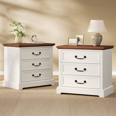 Ensemble de 2 tables de chevet 25,6 po de hauteur et 23,6 po de largeur avec 2 tiroirs pour la chambre à coucher et le salon - blanc vieilli et brun