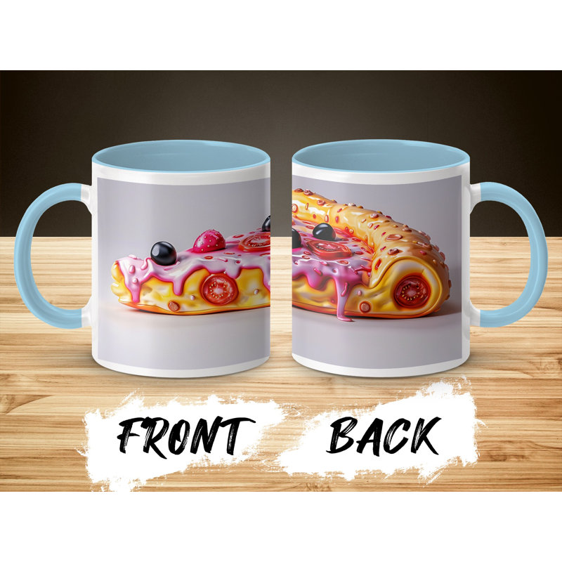 Set of 3 3D Design 11oz Accent Mugs – Ceramic Coffee Cups with a Light Blue Handle and Interior