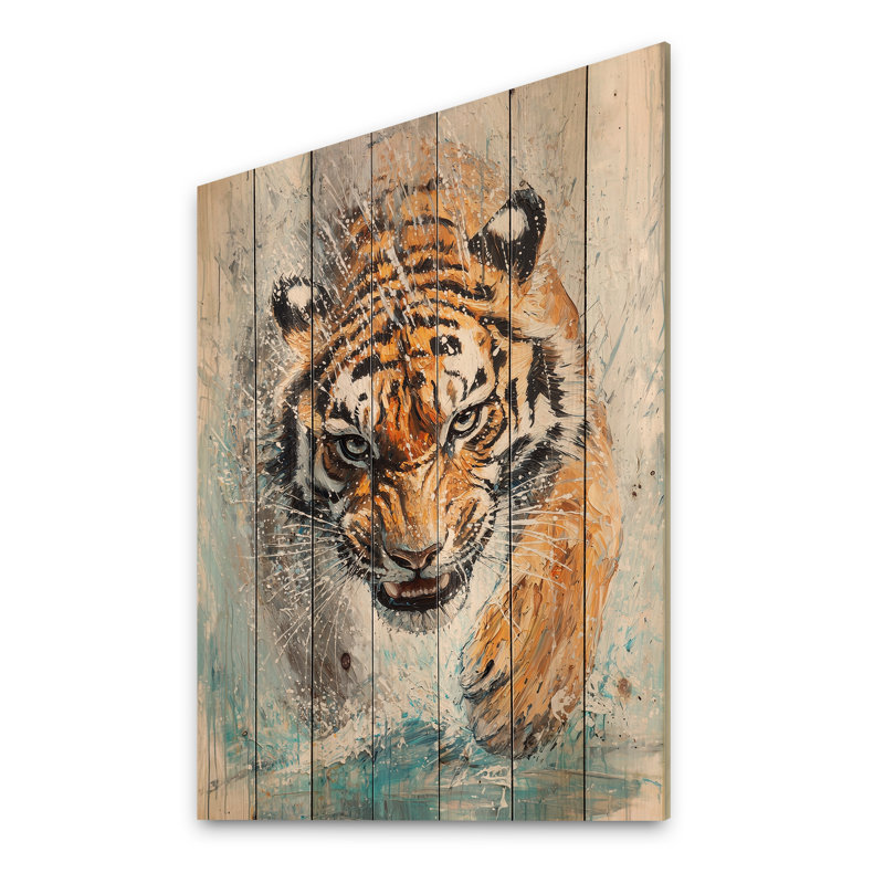 Abstrait chasse au tigre - Décoration murale moderne en bois sur bois de pin naturel, H 20 po x l 10 po