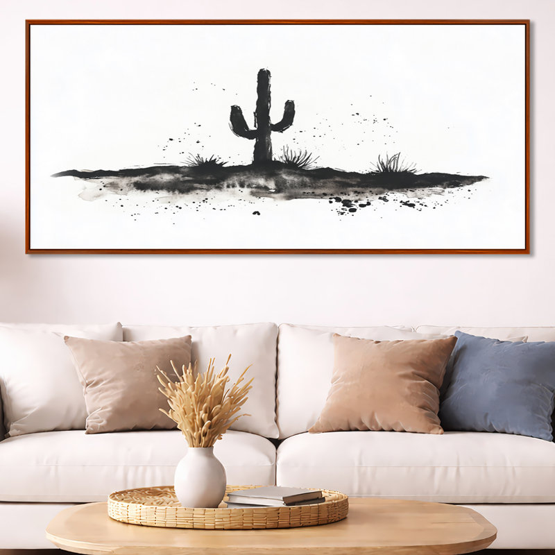 «Minimalist Desert», art mural cactus, Kristofer, H 28 po x l 60 po, Cadre flottant brun