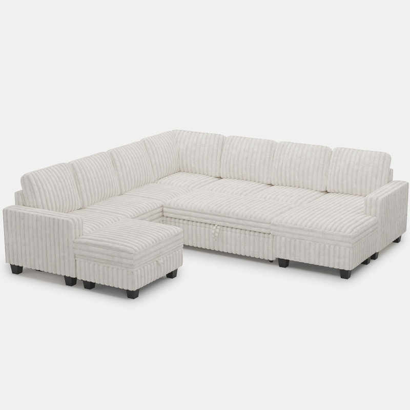 Canapé modulaire en L à double couche en fausse fourrure de lapin avec repose-pieds, Fausse fourrure beige