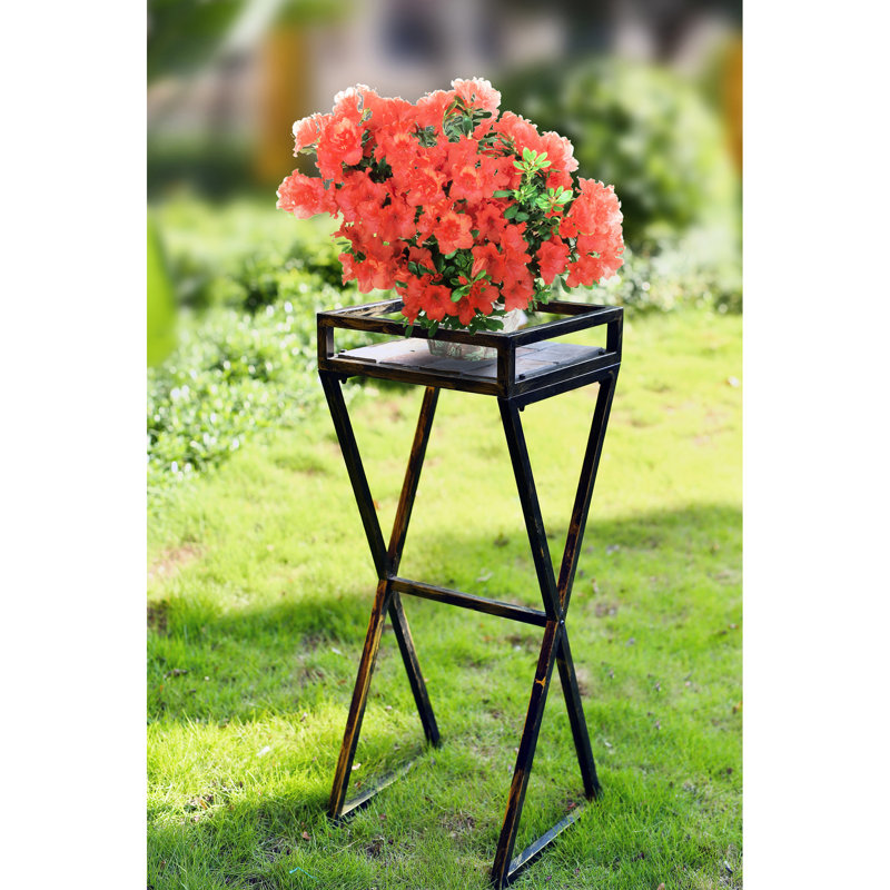 35.5" Grey Stone Slab Metal Plant Stand - Chip- Finish, 12.25" X 0.50" Platform Details In Rustic Style, 14" 31.75" Leg Dimensions