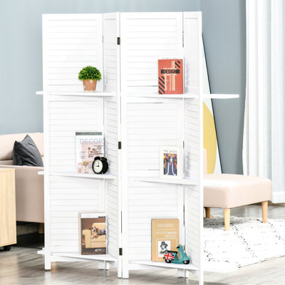 Paravent 67 po en bois à 4 panneaux, 3 tablettes, pliable pour le bureau / chambre à coucher, tablettes blanches et bureau / chambre à coucher,
