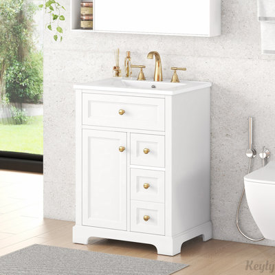 Meuble-lavabo de 24 po avec lavabo, panneau de fibres à densité moyenne et fabrication en bois de pin, 3 tiroirs et armoire avec support de rangement à 2 niveaux, porte et tiroirs à fermeture en douceur, conception moderne pour les petites et moyennes salles de bain