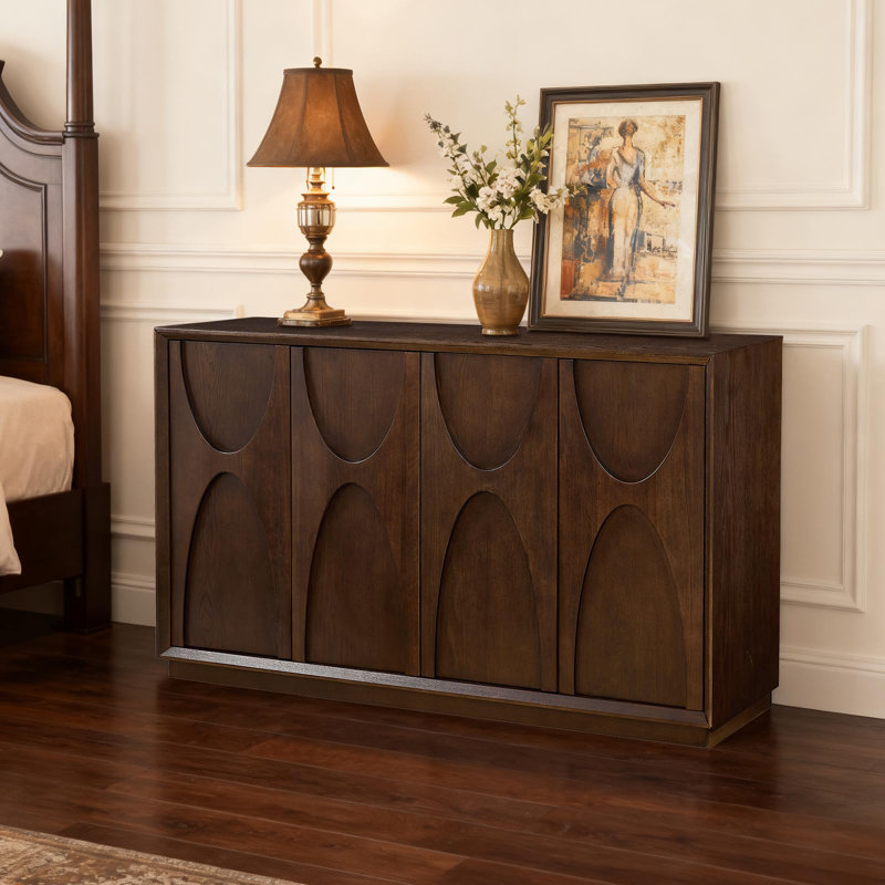 59.69" Modern Sideboard – 2-Inch Classic arched solid wood doors with a retro feel, Brown, No