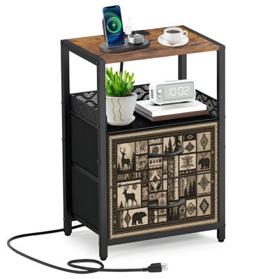 Table de chevet à 2 tiroirs en tissu avec station de charge Rustic Wildlife Patchwork