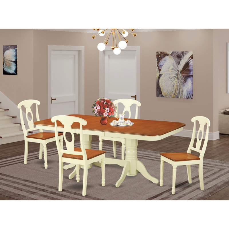5 Piece Kitchen Table & Chairs Set Includes a Rectangle Dining Room Table with Butterfly Leaf and 4 Dining Chairs, Buttermilk & Cherry
