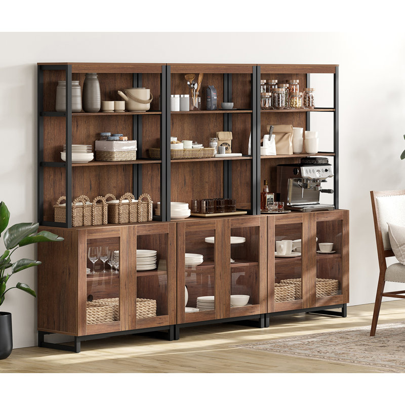 Buffet 3 pièces 72 "avec portes en verre et tablettes réglables, armoire multifonctionnelle avec rangement et tablettes ouvertes pour la salle à manger ou la cuisine