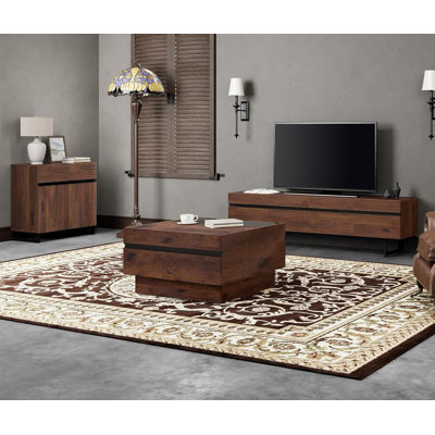 Nellie 3-Piece Modern TV Stand Set, 1 Entertainment Center For Tvs Up To 75 Inch, 1 Square Center Table With Tempered Glass, 1 Storage Cabinet For Living Room, Brown