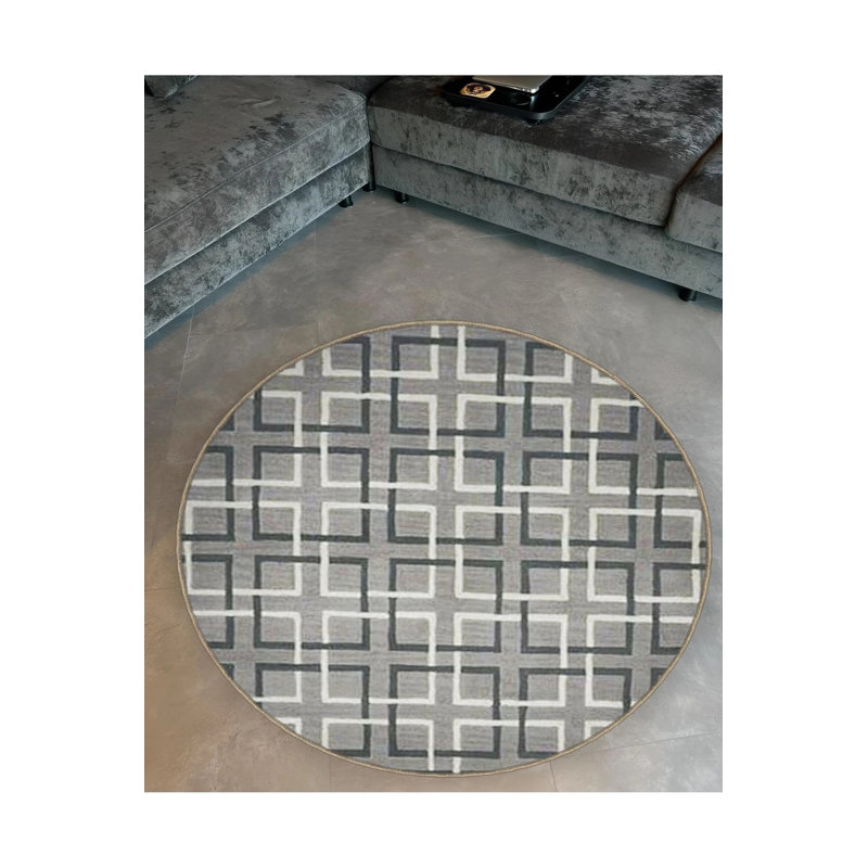 Light Gray White Square Pattern Detailed Woven Base Modern Decorative Carpet, Round 5'