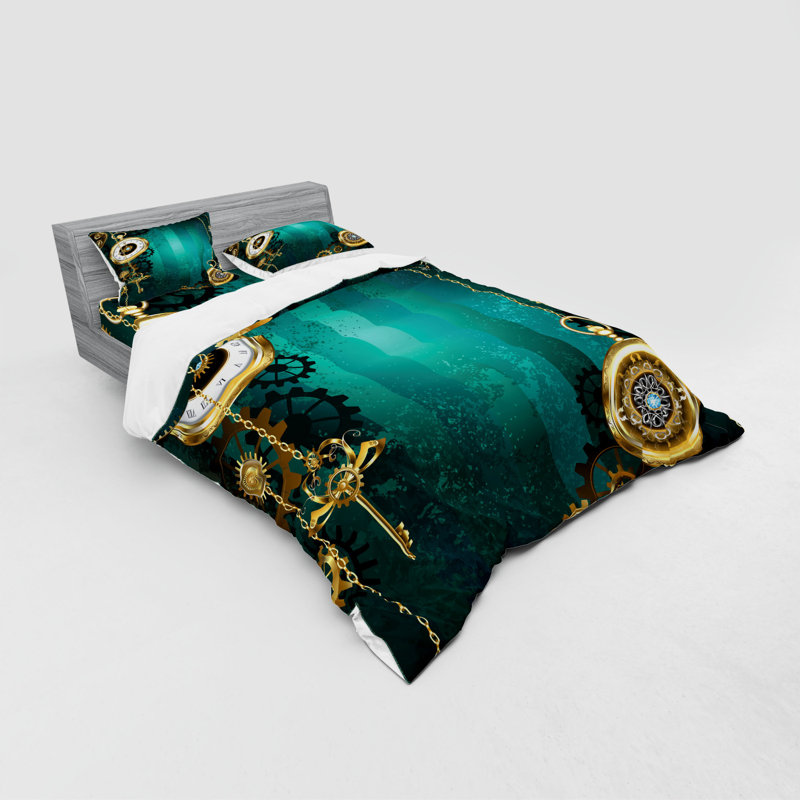 Ensemble de housse de couette en microfibre verte / dorée, Housse de couette grand + 3 pièces supplémentair