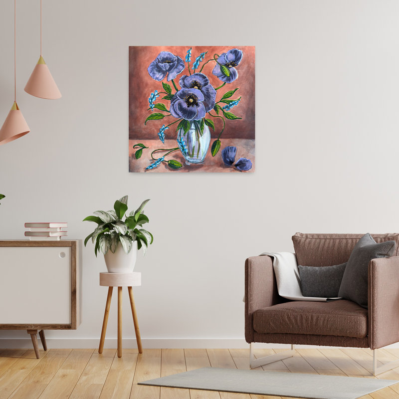 Art contemporain contemporain coloré, coquelicot, fleur violette, nature, H 24 po x l 24 po