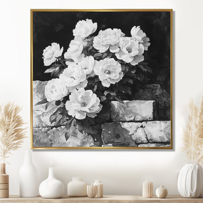 Monochromes pivoines sur le rocher II - pivoines, art mural