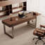 Bureau rectangulaire à 2 tiroirs en bois manufacturé brun noisette + barenia + acier inoxydable-2077261715-2077261714-2077261712