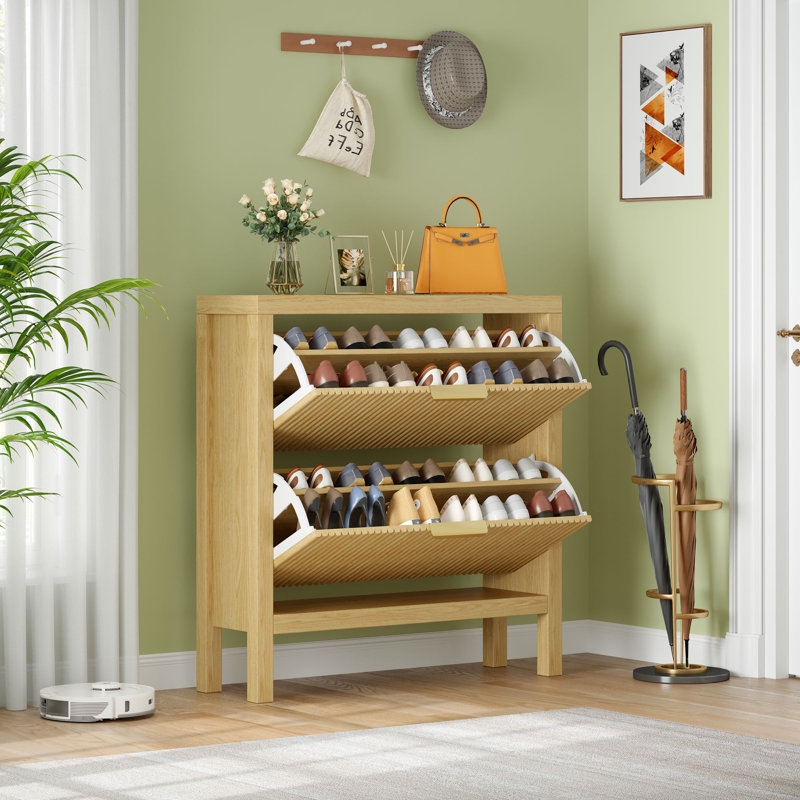 18 Pair Shoe Storage Cabinet, Natural Wood