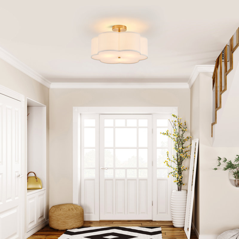 3-light Modern Linen Semi Flushmount Ceiling Light Fixture, Brushed Gold