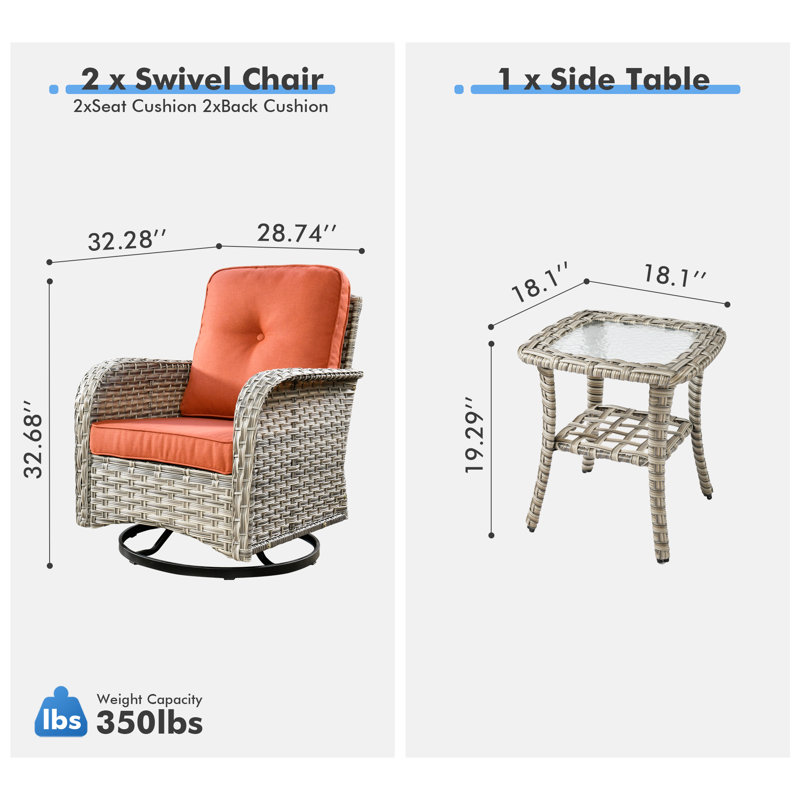Three-Piece Outdoor Swivel Chair Set, Dark Orange Stripe