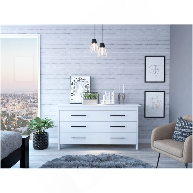 Commode double 6 tiroirs Wezz, chambre à coucher, blanc, Blanc