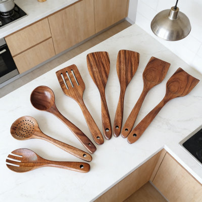 6-Piece Wooden Kitchen Utensil Set For Cooking - Natural Wood Spoons, Spatulas, And Salad Fork - Heat Resistant Tools For Non-Stick Cookware With Smoo
