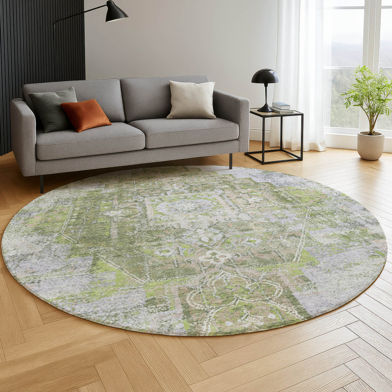 Premium Machine Washable Mayfield AMF2140 global Rug, Aloe, 8' Round