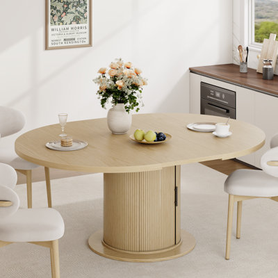 47”-63” Extendable Round Dining Table For 4-8, Oval Kitchen Dining Room Table With Storage, Mid Century Modern Pedestal Dinner Table, Natural Oak