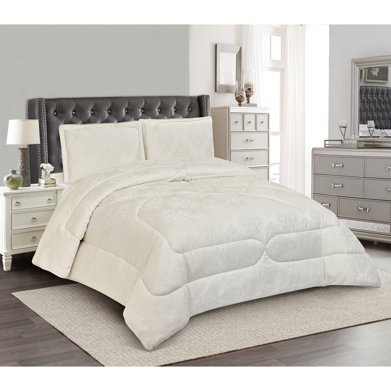 3 Piece Bridal Jacquard Bedspread Comforter Bed Throw with Matching Pillow Shams, Cream Floral