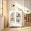 Buffet de ferme arqué avec porte en verre, armoire de rangement blanche avec plateau à niveaux et 1 tiroir, armoire-buffet pour le salon-bar-1687944789