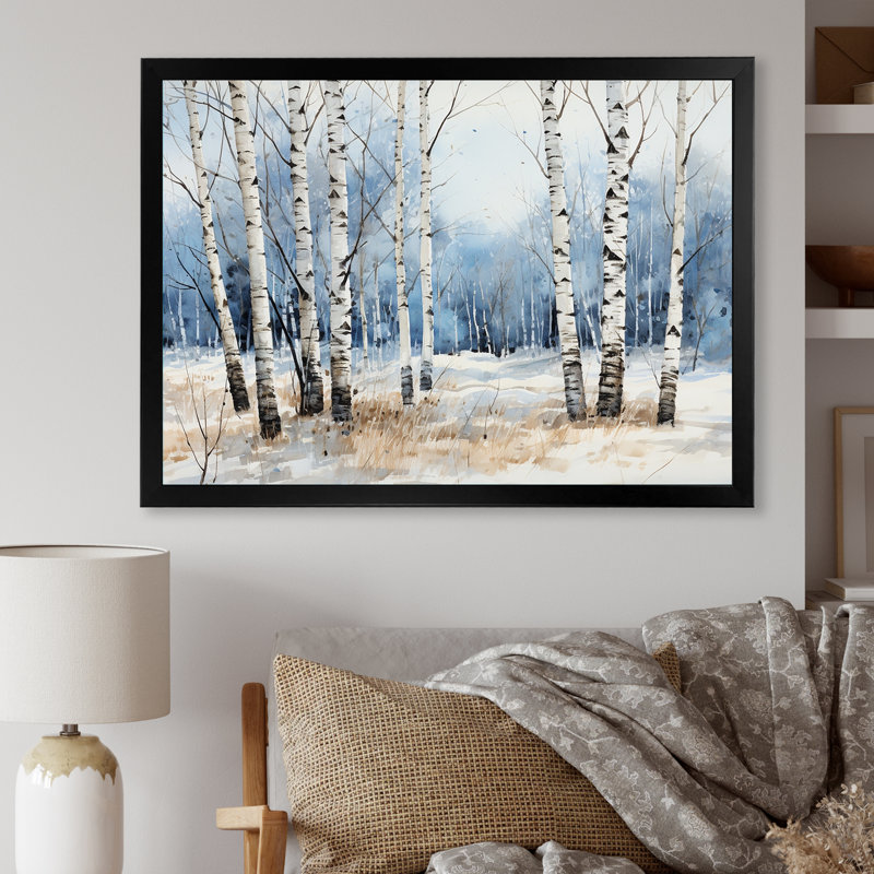 Bois de bouleau blanc et bleu en hiver - Art mural bouleau, Cadre simple noir, H 34 po x l 44 po x P 1,5 po