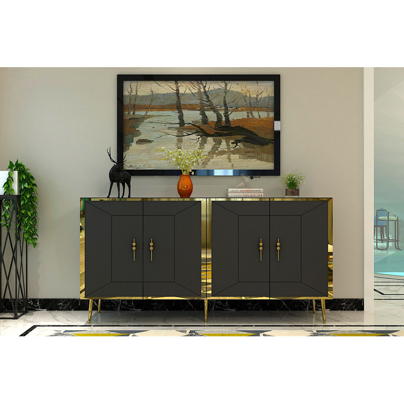 Console Catena moderne avec tablettes, anthracite et or, panneau de particules enduit 100% mélamine, fixation murale | Conception élégante et fonctionnelle pour le rangement du salon et du couloir