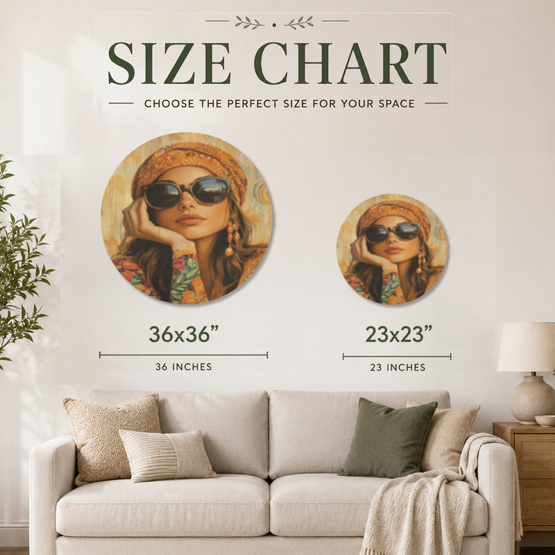 Portrait d'une femme bohème ensoleillée - Décoration murale ronde en bois, Rond 23 po, Rond