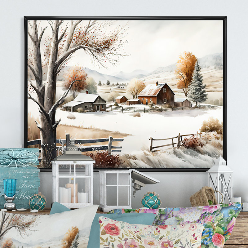 «Kansas Farm in Winter», reproduction sur toile, H 30 po x l 40 po x P 1,5 po, Cadre flottant noir